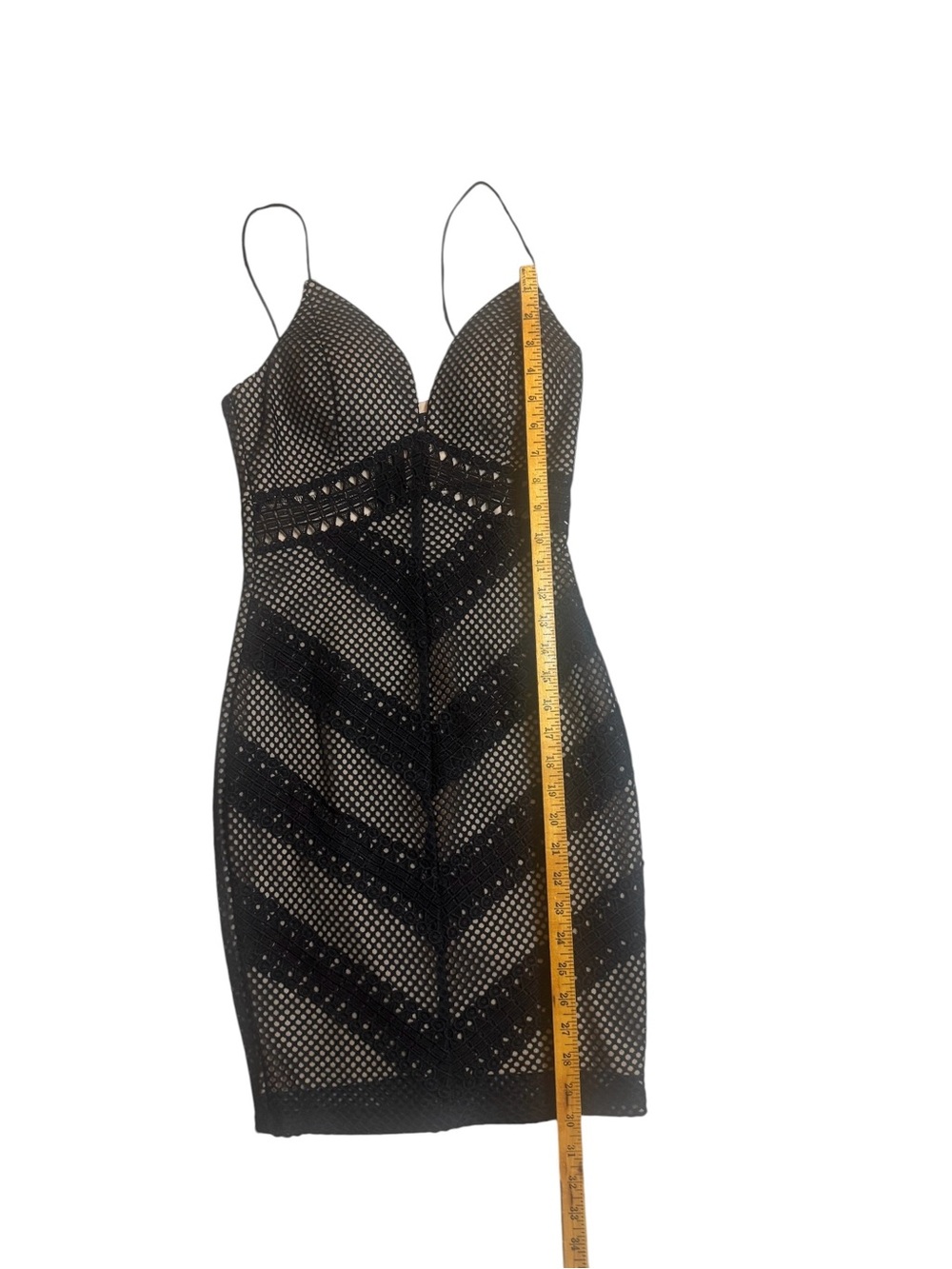 ENTRY Black Mesh Chevron Midi Dress Size S Bodycon Sheer Lined - Picture 5 of 10